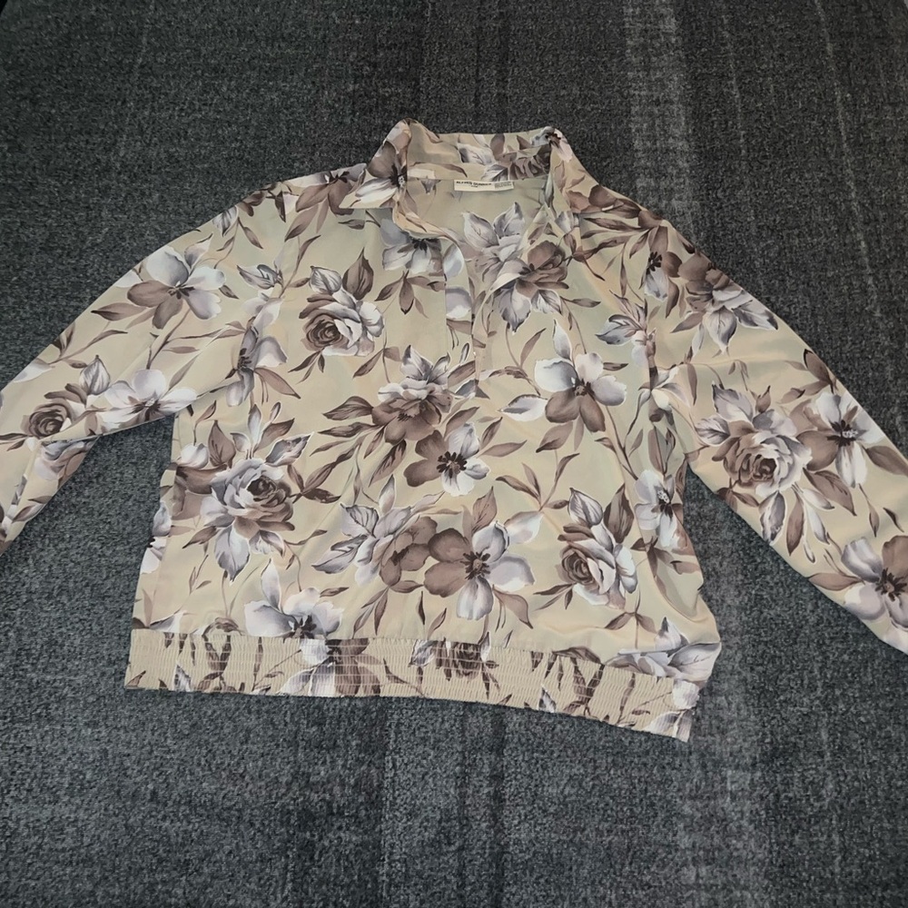 Alfred Dunner Taupe Floral Elastic Waist Long Sleeve Grandmacore Blouse Sz 20W
